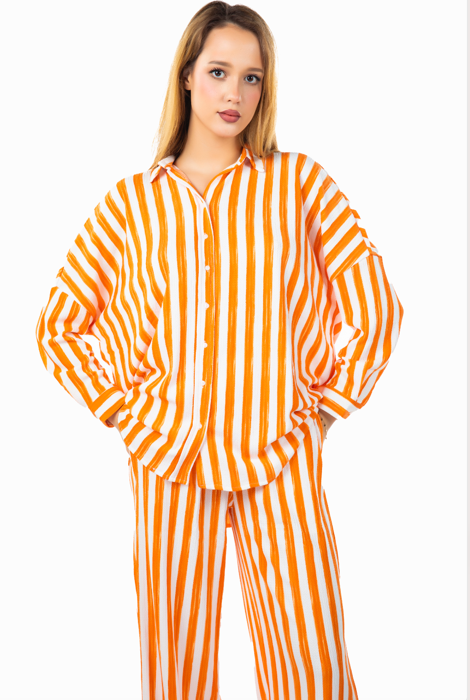 TEXTURED CRINKLED STRIPED STRAIGHT FIT CO-ORD PANTS