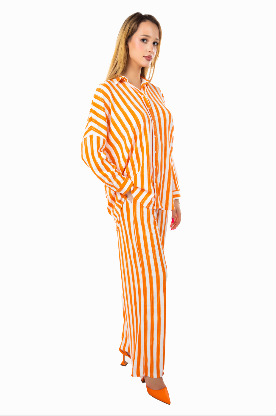 TEXTURED CRINKLED STRIPED STRAIGHT FIT CO-ORD PANTS