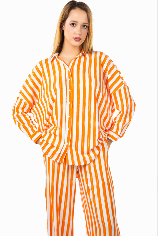 TEXTURED CRINKLED OVERSIZED SHIRT IN ORANGE STRIPE