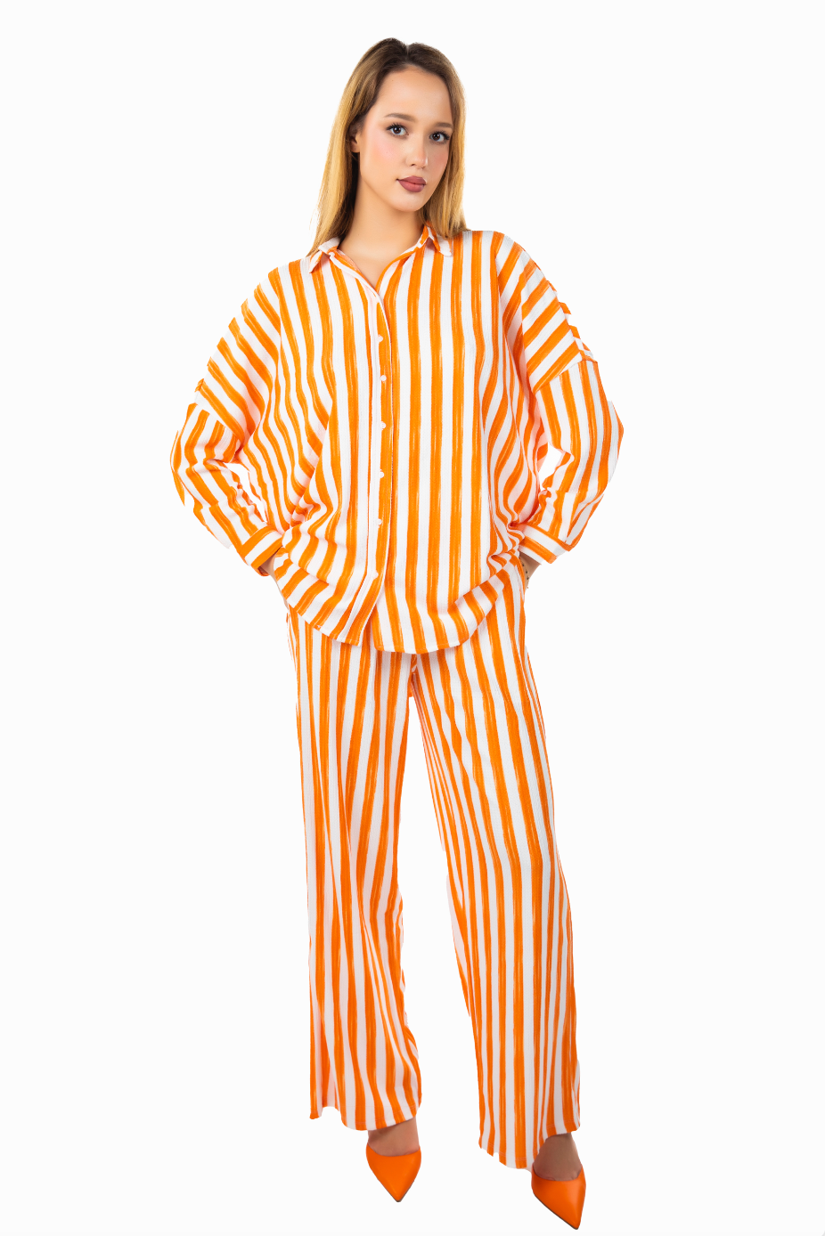 TEXTURED CRINKLED OVERSIZED SHIRT IN ORANGE STRIPE