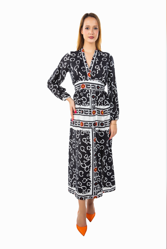 KIMONO STYLE WRAP MAXI BLACK PRINTED DRESS