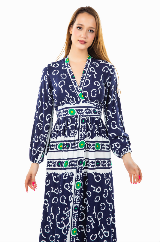 KIMONO STYLE WRAP MAXI NAVY PRINTED DRESS