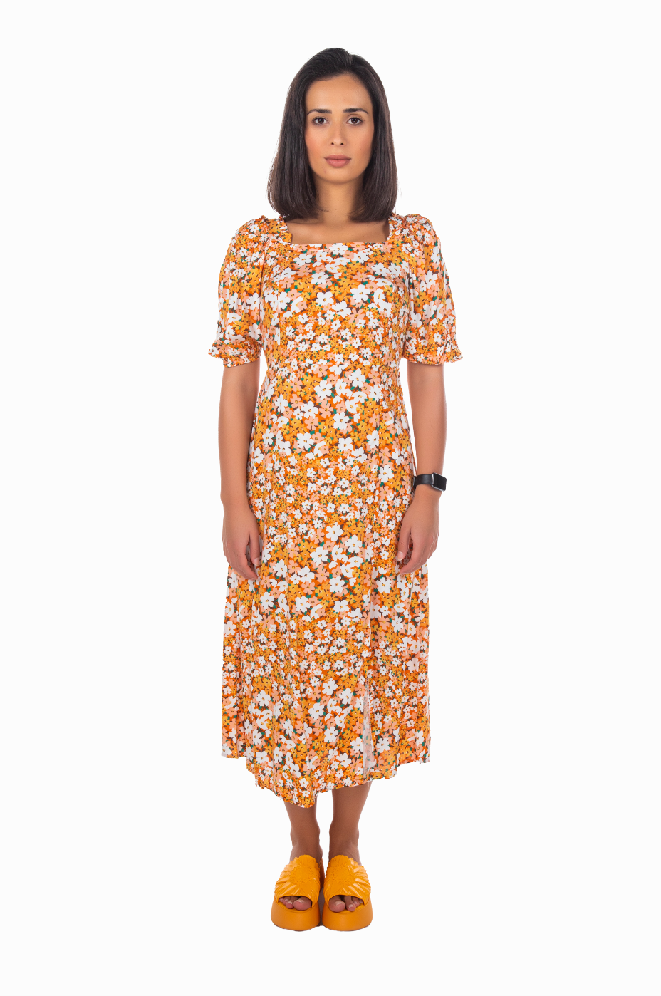 WOVEN FLORAL PRINTED MIDI SUMMER DRESS