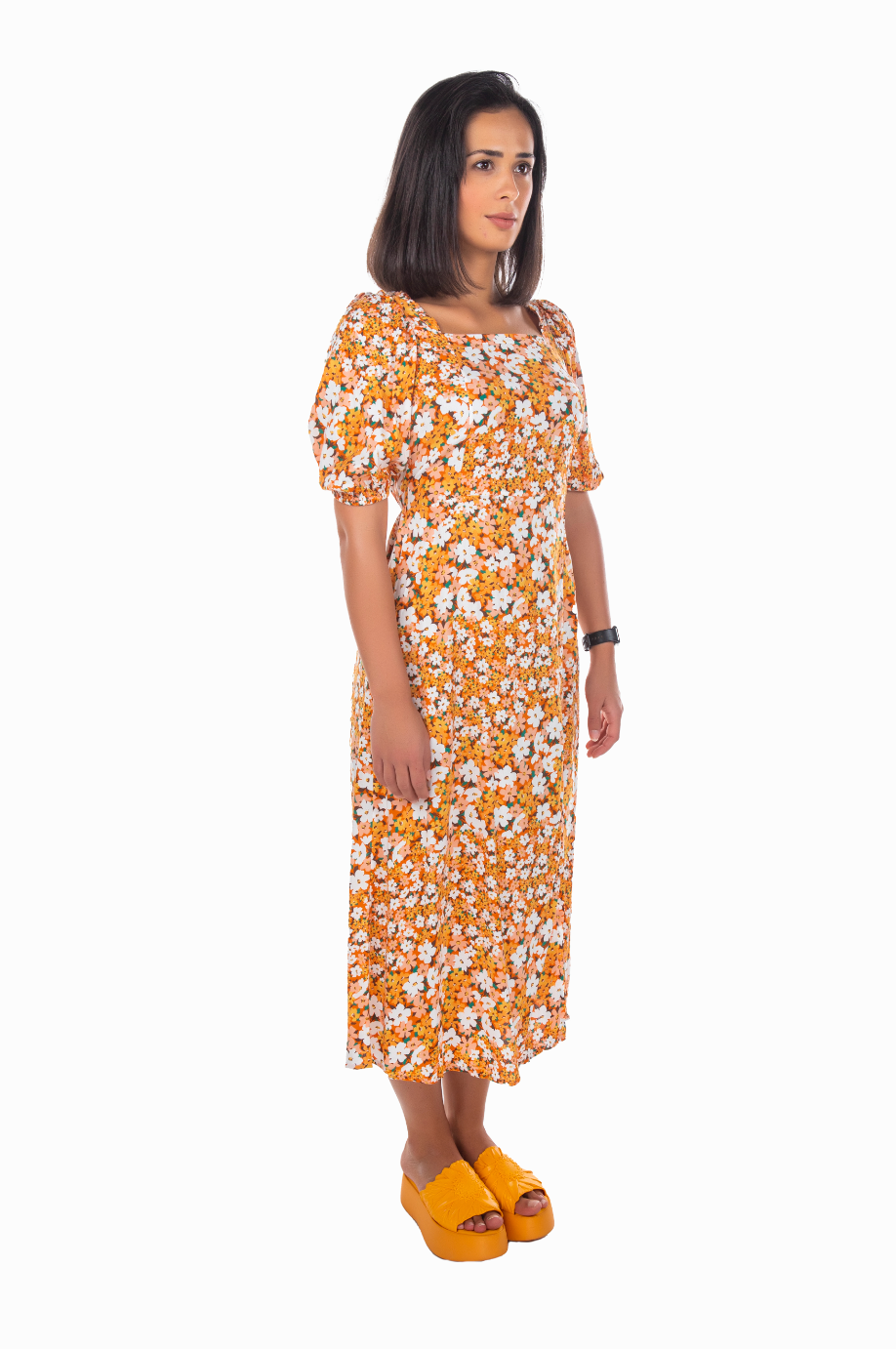 WOVEN FLORAL PRINTED MIDI SUMMER DRESS