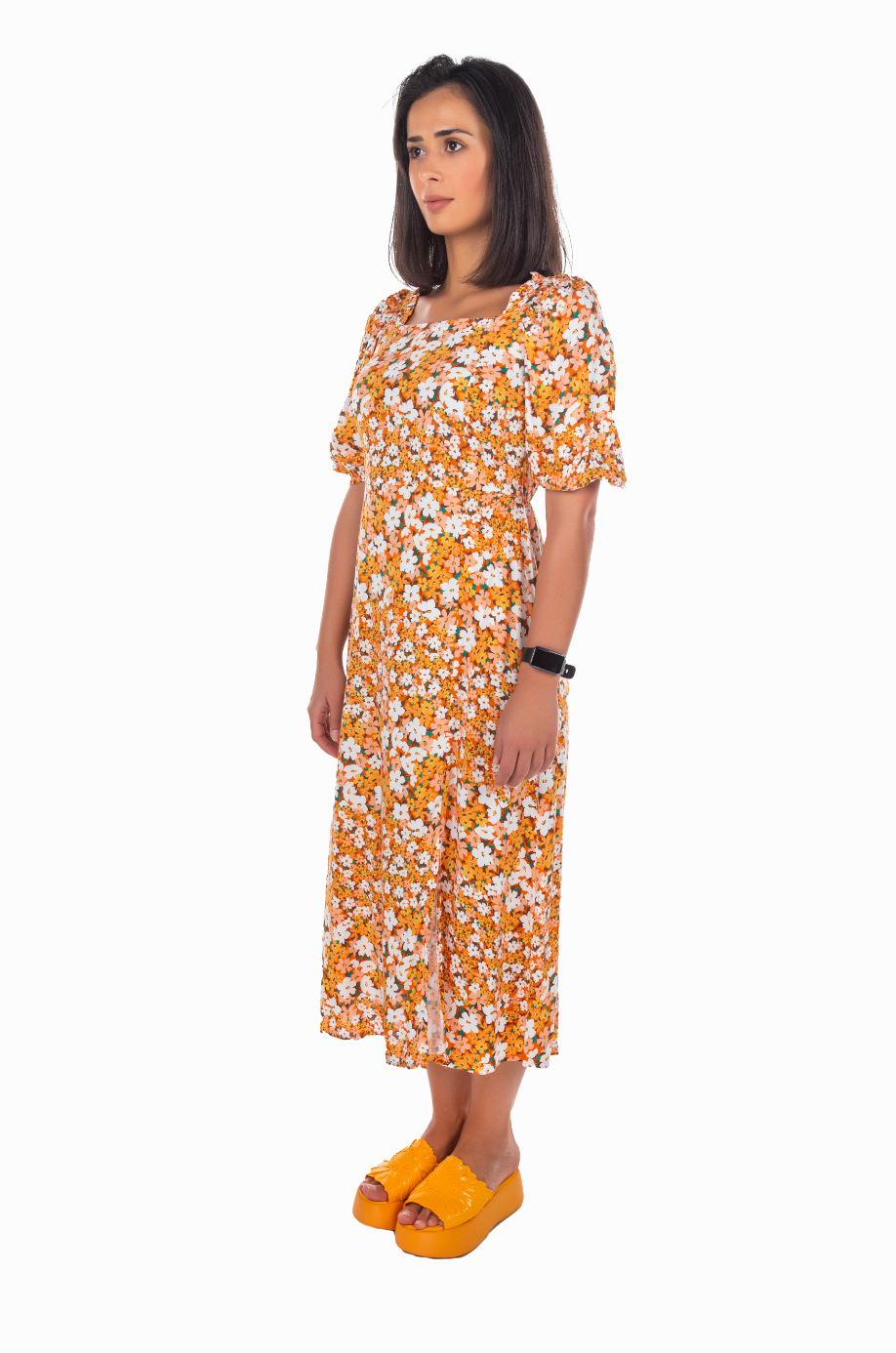 WOVEN FLORAL PRINTED MIDI SUMMER DRESS