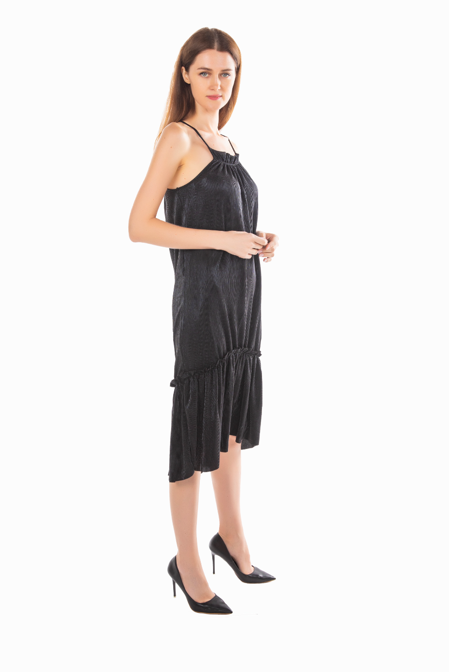 HALTER NECK PLEATED BLACK METALLIC MIDI DRESS