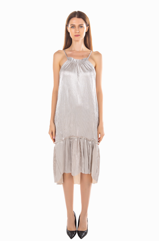 HALTER NECK PLEATED SILVER METALLIC MIDI DRESS