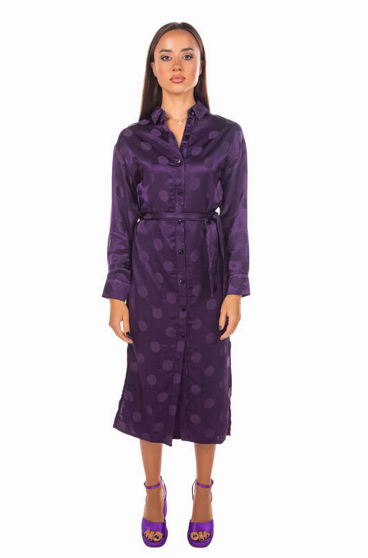 BELTED PURPLE JACQUARD SHIRT DRESS