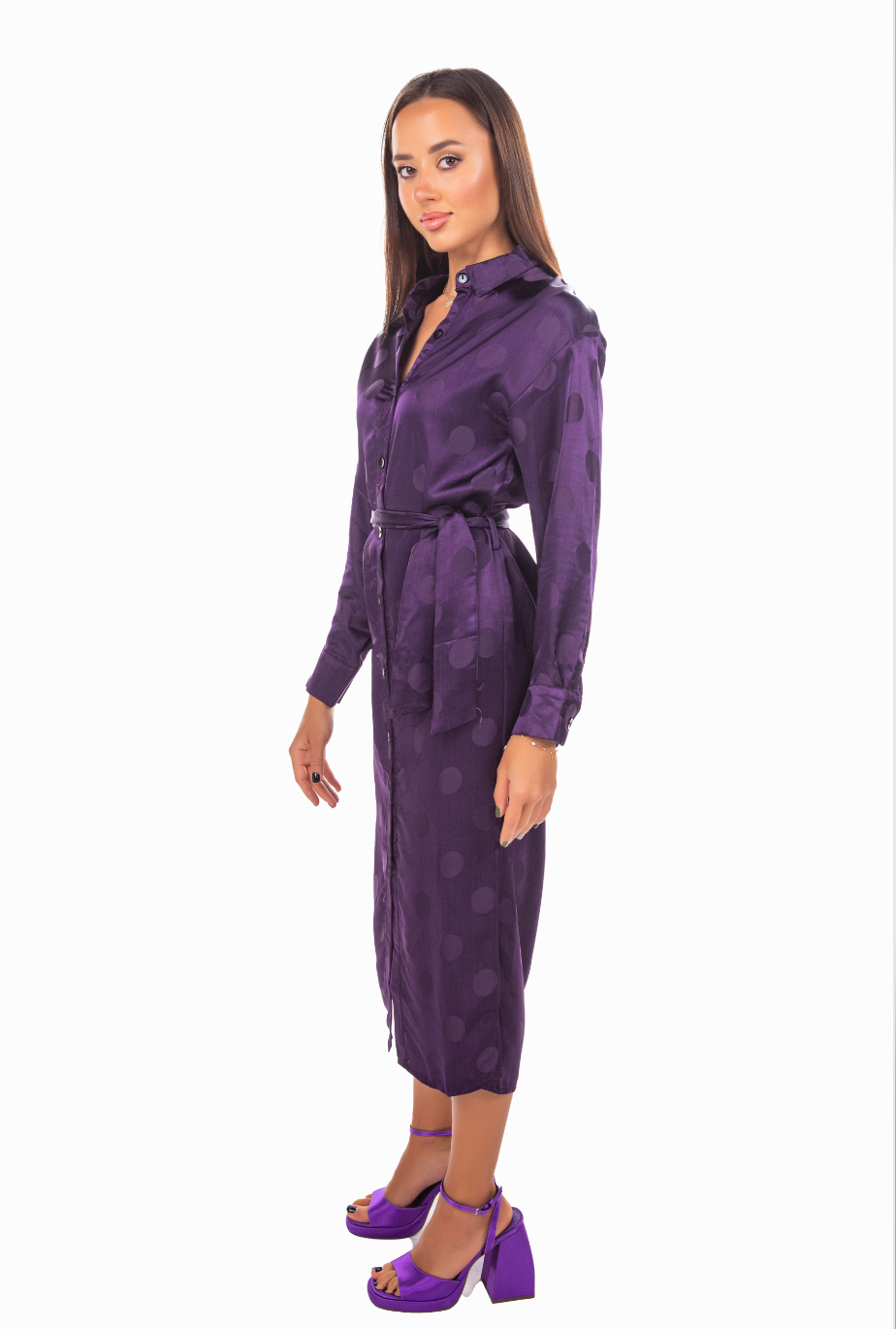 BELTED PURPLE JACQUARD SHIRT DRESS