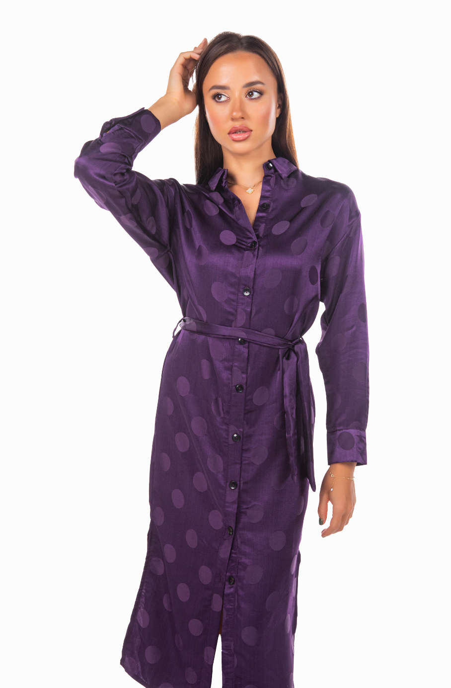 BELTED PURPLE JACQUARD SHIRT DRESS