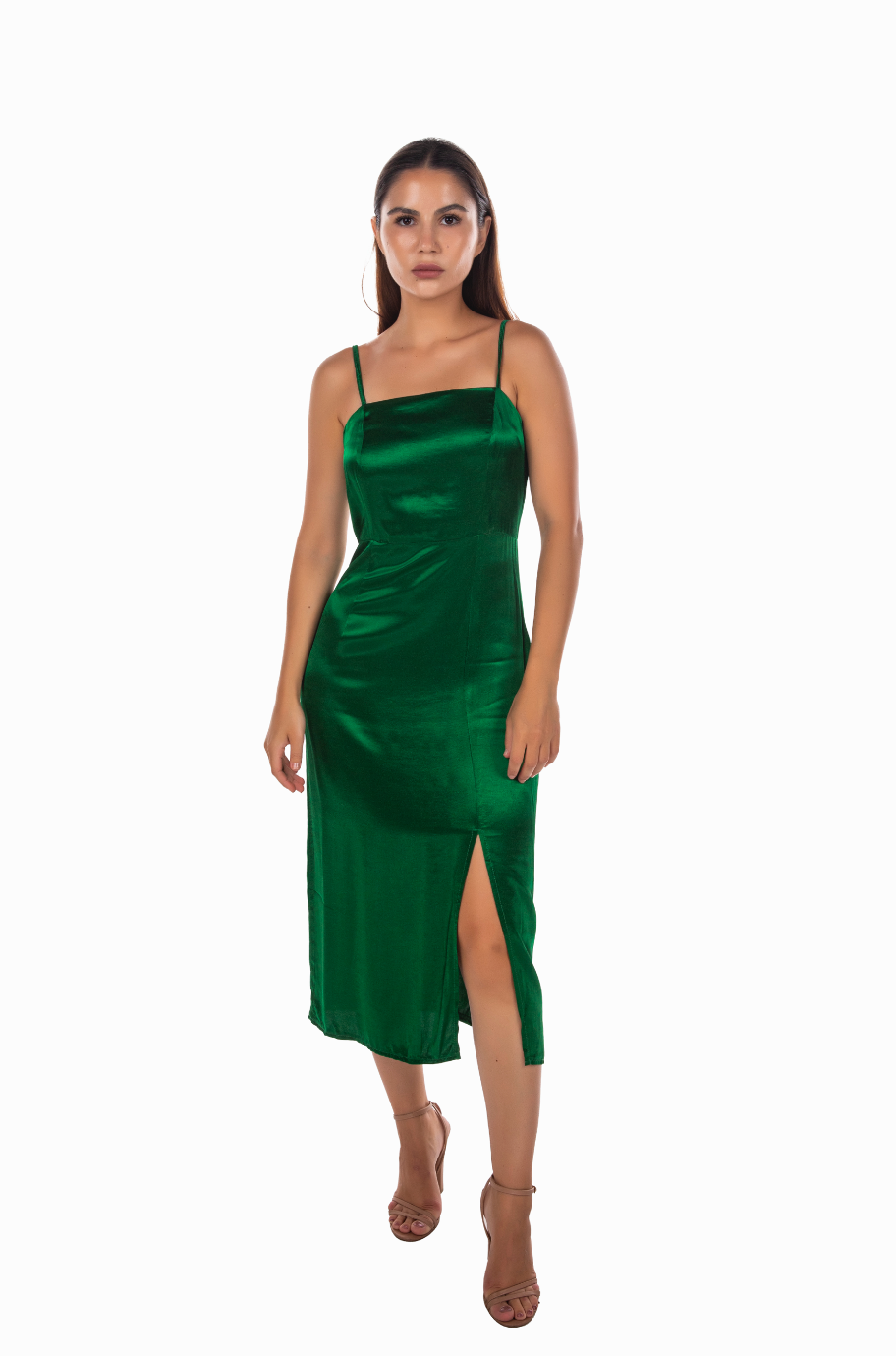 GREEN MAXI SLIT DRESS WITH DRAPE ROBE TIE BACK