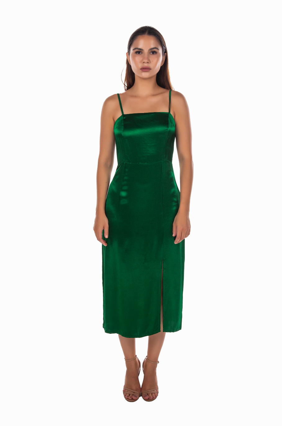 GREEN MAXI SLIT DRESS WITH DRAPE ROBE TIE BACK