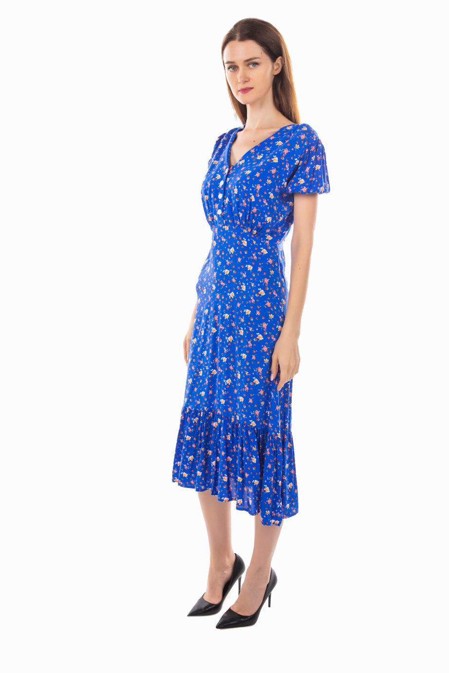 WOVEN MIDI DRESS WITH SLIT DETAILS IN BLUE