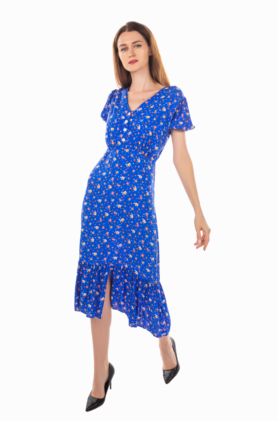 WOVEN MIDI DRESS WITH SLIT DETAILS IN BLUE